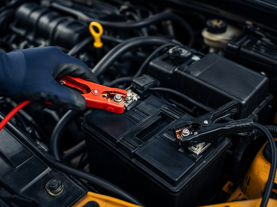 バッテリーにブースターケーブルをつなぐ作業