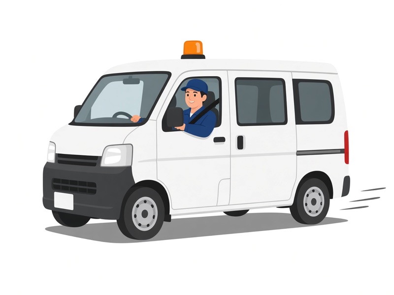 サービスカーで現場へ向かうスタッフのイラスト