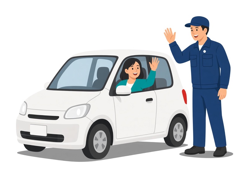 作業完了後に手を振って見送るスタッフのイラスト